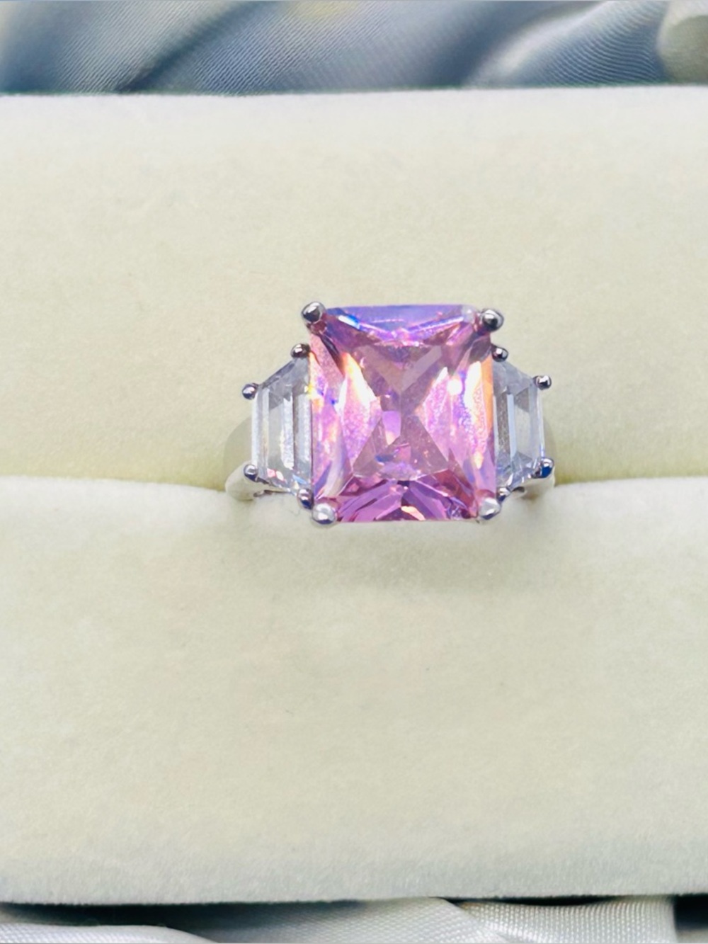 Silver Ring with Square Pink Mystic CZ Center and Clear Side Stones